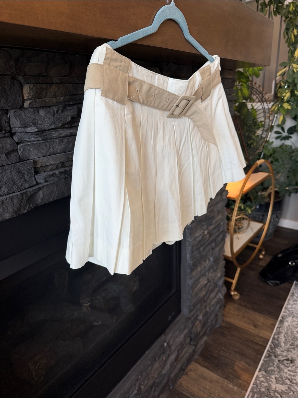 Maeve Pleated Mini Skirt with Contrast Waistband in Cream and Tan - Picture 3 of 5